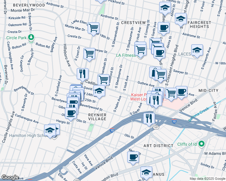 map of restaurants, bars, coffee shops, grocery stores, and more near 8822 Cadillac Avenue in Los Angeles