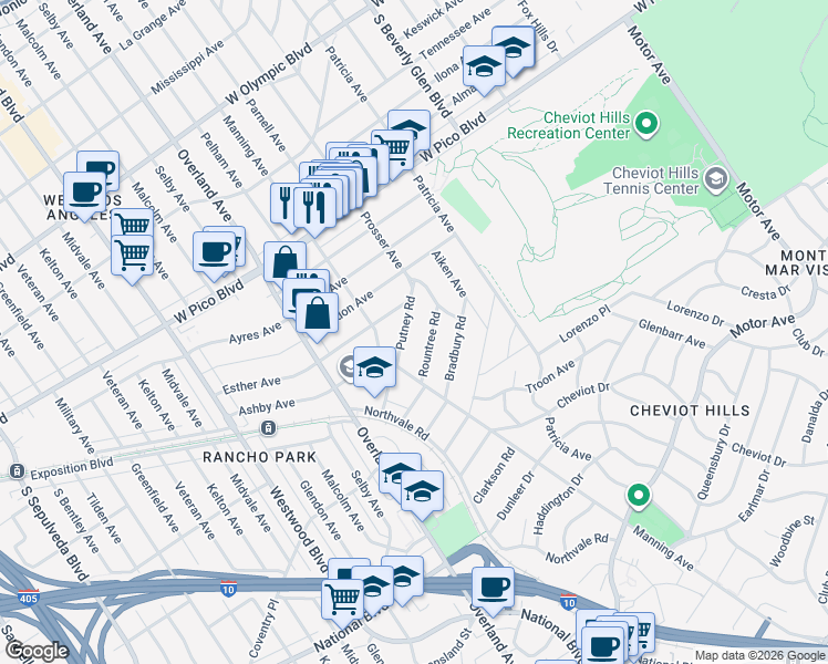map of restaurants, bars, coffee shops, grocery stores, and more near 10568 Putney Road in Los Angeles