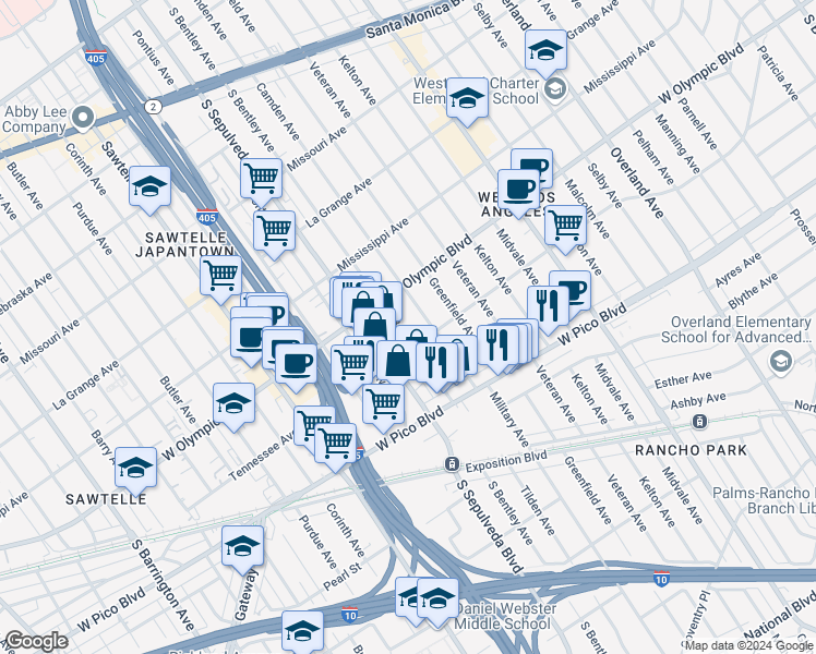 map of restaurants, bars, coffee shops, grocery stores, and more near 11053 Tennessee Avenue in Los Angeles
