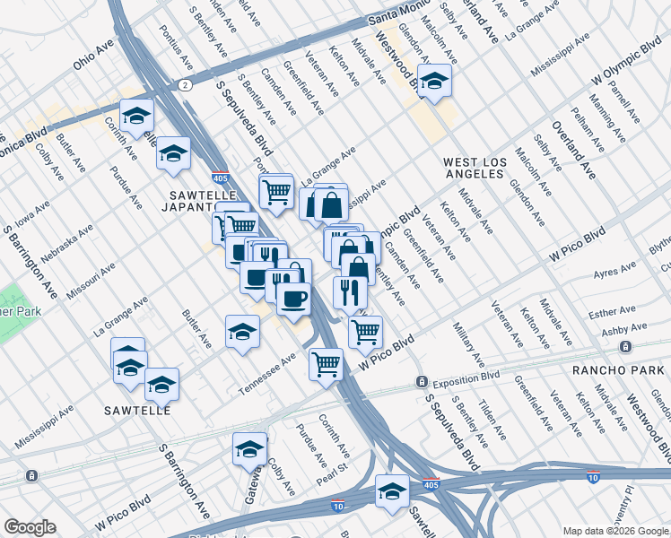 map of restaurants, bars, coffee shops, grocery stores, and more near in Los Angeles