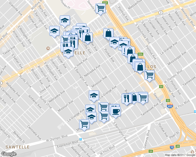 map of restaurants, bars, coffee shops, grocery stores, and more near 11637 Missouri Avenue in Los Angeles