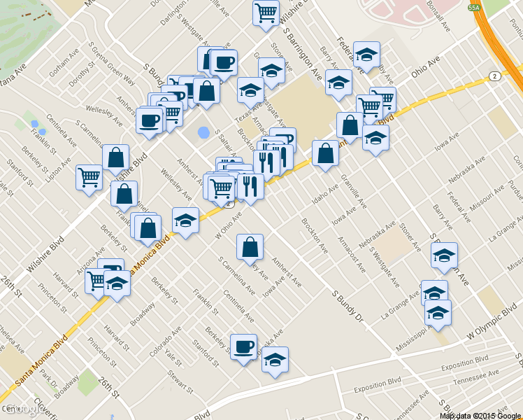map of restaurants, bars, coffee shops, grocery stores, and more near 1533 South Bundy Drive in Los Angeles