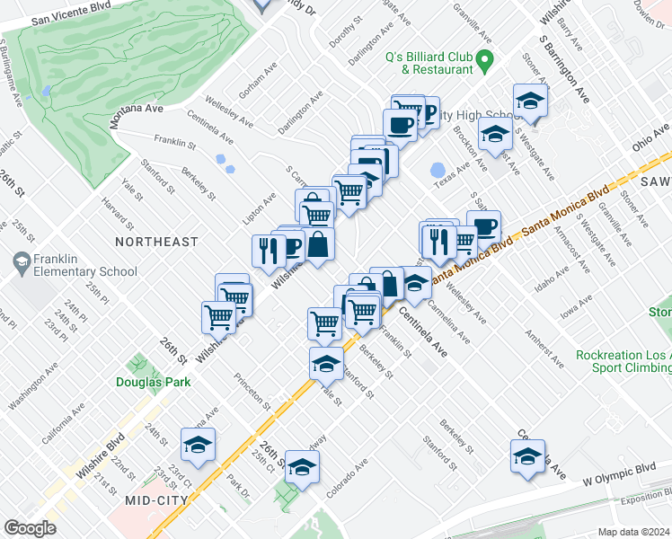map of restaurants, bars, coffee shops, grocery stores, and more near 1257 Franklin Street in Santa Monica