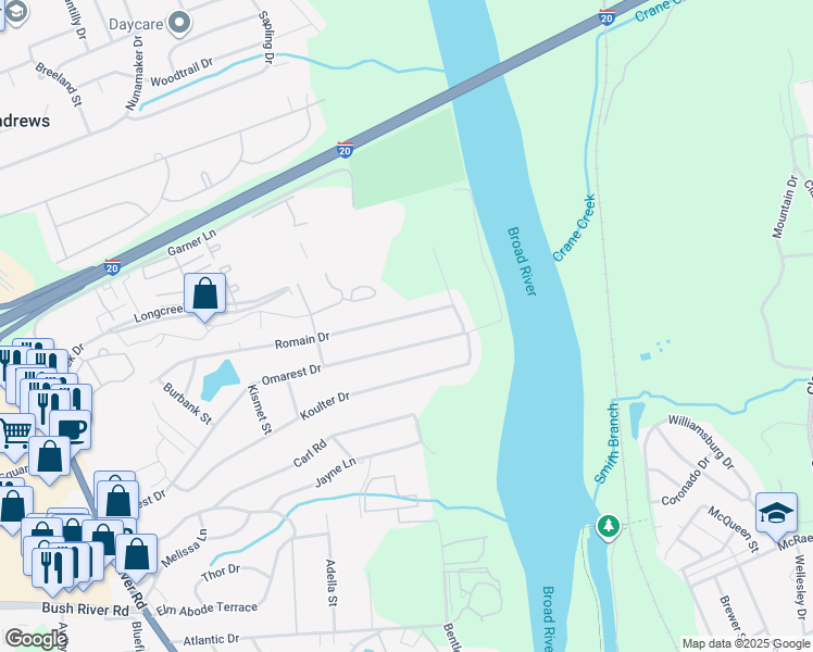 map of restaurants, bars, coffee shops, grocery stores, and more near 1811 Omarest Drive in Columbia