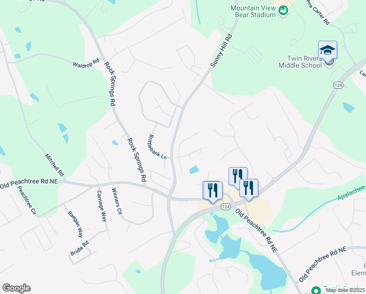 map of restaurants, bars, coffee shops, grocery stores, and more near 2021 Adam Acres Drive in Buford