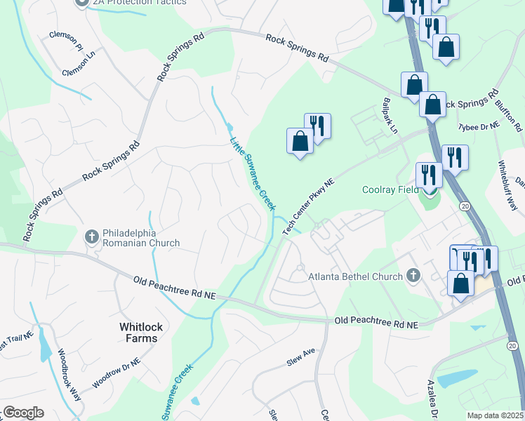 map of restaurants, bars, coffee shops, grocery stores, and more near 2730 Pierce Brennen Court Northeast in Lawrenceville