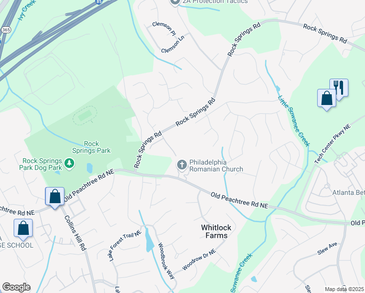 map of restaurants, bars, coffee shops, grocery stores, and more near 617 Rock Springs Road in Lawrenceville