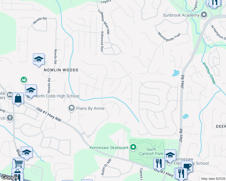 map of restaurants, bars, coffee shops, grocery stores, and more near 3555 Myrtlewood Chase Northwest in Kennesaw
