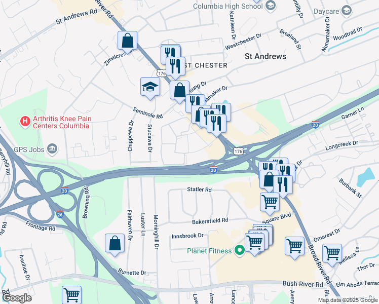 map of restaurants, bars, coffee shops, grocery stores, and more near 808 Old Manor Road in Columbia