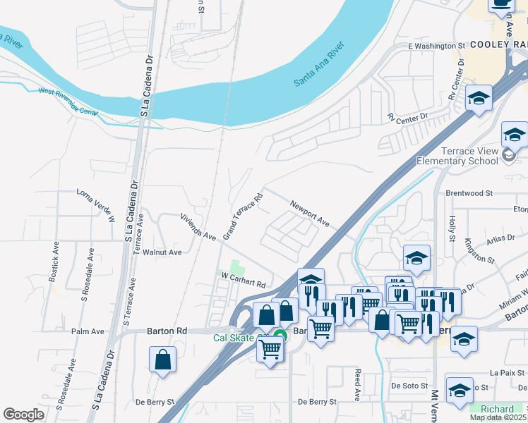 map of restaurants, bars, coffee shops, grocery stores, and more near 22113 Grand Terrace Road in Grand Terrace