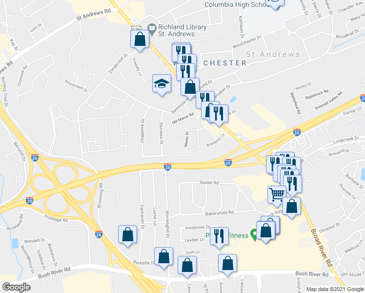 map of restaurants, bars, coffee shops, grocery stores, and more near in Columbia