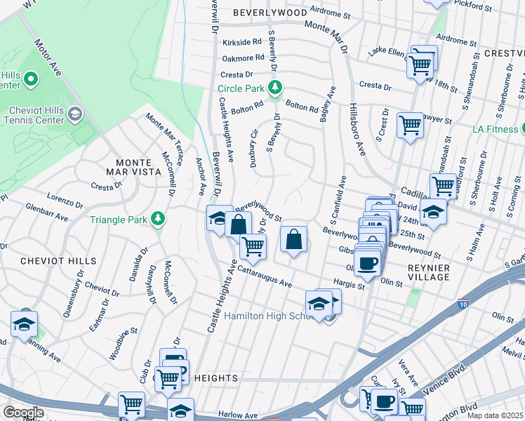 map of restaurants, bars, coffee shops, grocery stores, and more near 9600 Beverlywood Street in Los Angeles