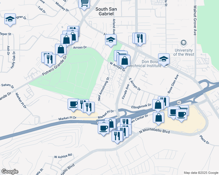 map of restaurants, bars, coffee shops, grocery stores, and more near 1718 Mountain Terrace Lane in Montebello