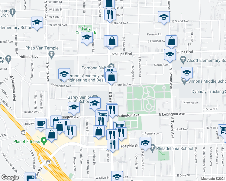 map of restaurants, bars, coffee shops, grocery stores, and more near 1740 South Garey Avenue in Pomona