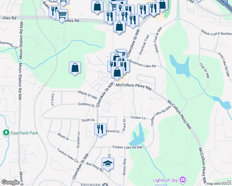 map of restaurants, bars, coffee shops, grocery stores, and more near 3562 Russell Drive in Kennesaw