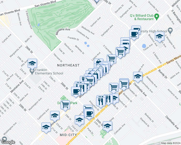 map of restaurants, bars, coffee shops, grocery stores, and more near 1116 Stanford Street in Santa Monica