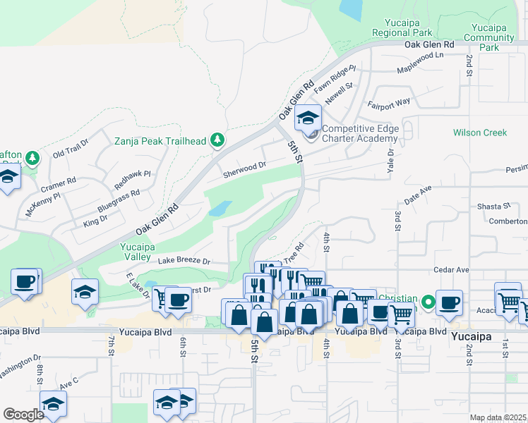 map of restaurants, bars, coffee shops, grocery stores, and more near 34327 Forest Oaks Drive in Yucaipa