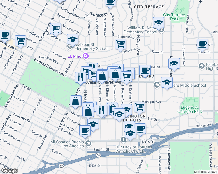 map of restaurants, bars, coffee shops, grocery stores, and more near 322 North Ditman Avenue in Los Angeles