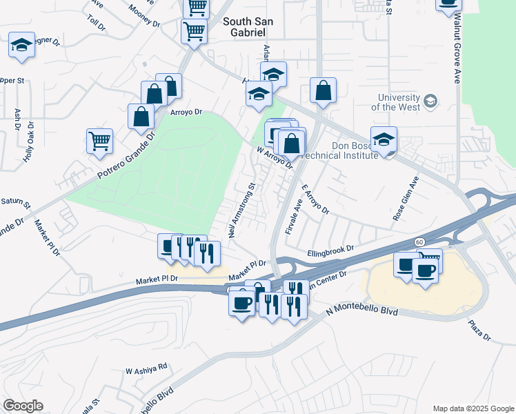 map of restaurants, bars, coffee shops, grocery stores, and more near 1707 Mountain Terrace Lane in Montebello