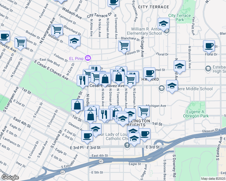map of restaurants, bars, coffee shops, grocery stores, and more near 322 North Ditman Avenue in Los Angeles