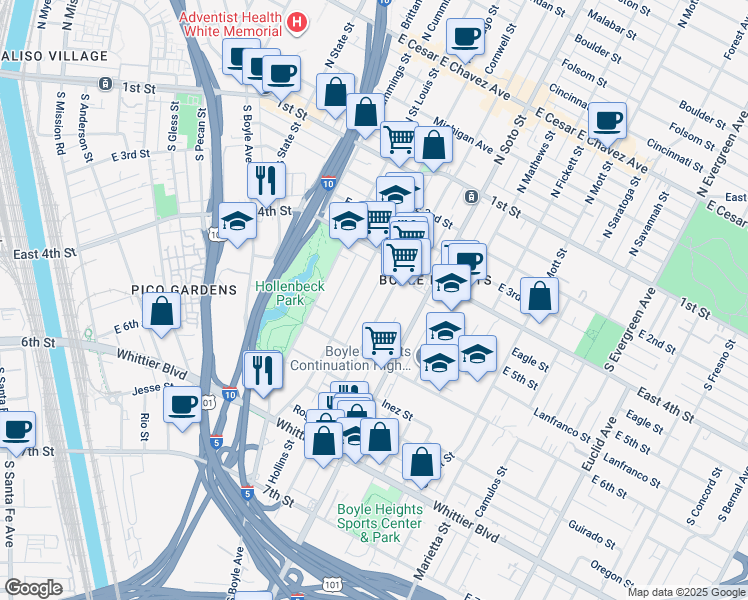 map of restaurants, bars, coffee shops, grocery stores, and more near 516 South Chicago Street in Los Angeles
