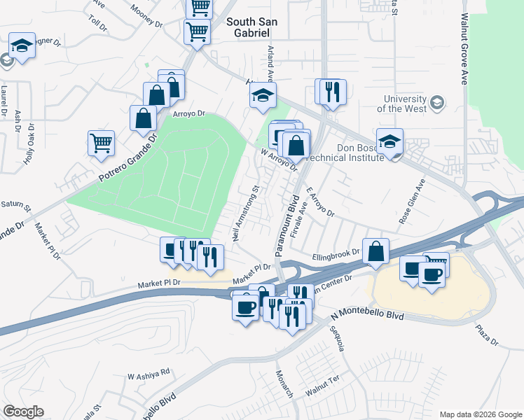 map of restaurants, bars, coffee shops, grocery stores, and more near 326 Ridge Terrace Lane in Montebello