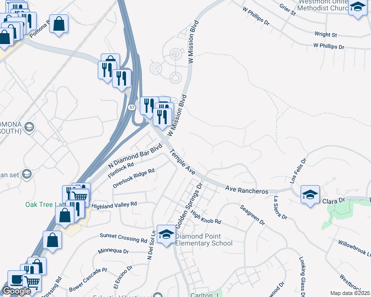 map of restaurants, bars, coffee shops, grocery stores, and more near 15 La Ramada Place in Pomona