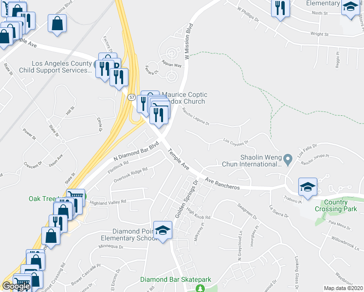 map of restaurants, bars, coffee shops, grocery stores, and more near 15 La Ramada Place in Pomona