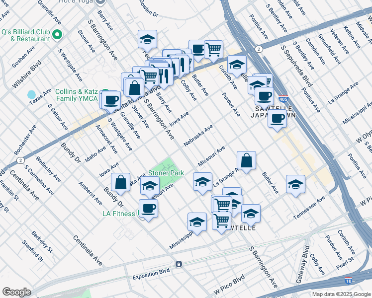 map of restaurants, bars, coffee shops, grocery stores, and more near 1804 South Barrington Avenue in Los Angeles