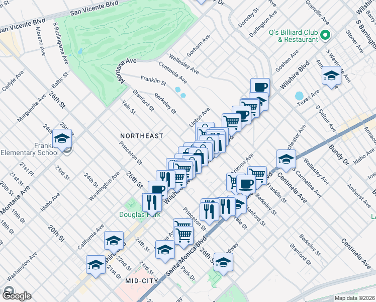 map of restaurants, bars, coffee shops, grocery stores, and more near 1116 Stanford Street in Santa Monica