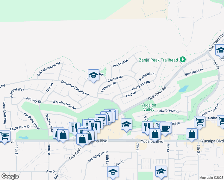 map of restaurants, bars, coffee shops, grocery stores, and more near 33734 Wildhorse Way in Yucaipa