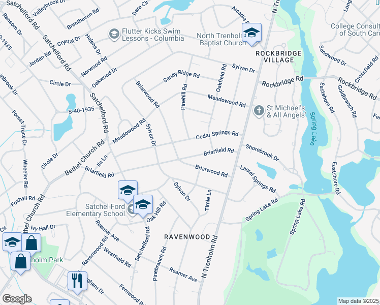 map of restaurants, bars, coffee shops, grocery stores, and more near 4521 Briarfield Road in Columbia