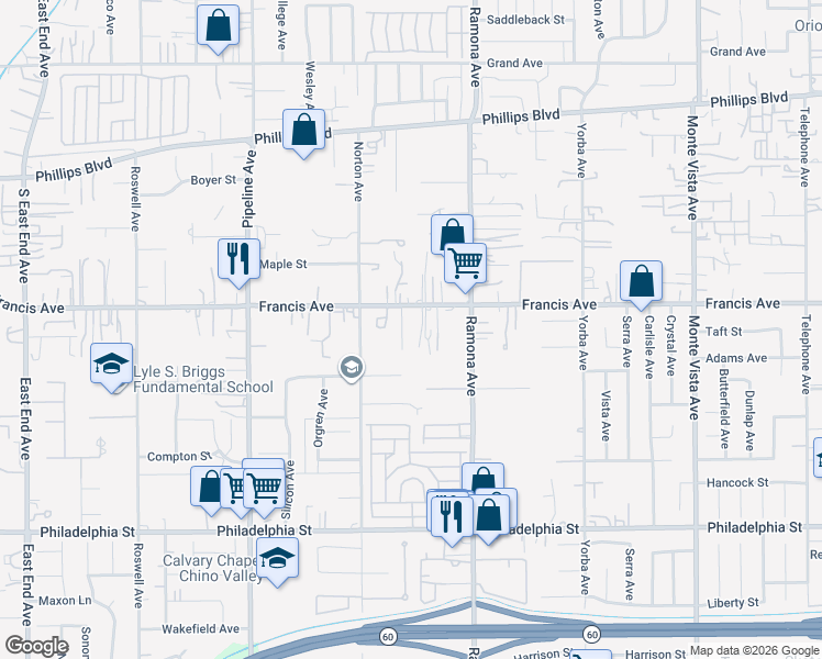 map of restaurants, bars, coffee shops, grocery stores, and more near 11749 Concord Court in Chino