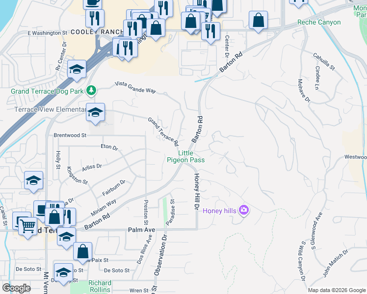map of restaurants, bars, coffee shops, grocery stores, and more near 23084 Grand Terrace Road in Grand Terrace