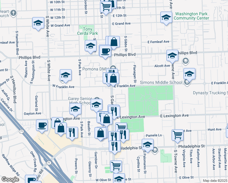 map of restaurants, bars, coffee shops, grocery stores, and more near 1740 South Garey Avenue in Pomona