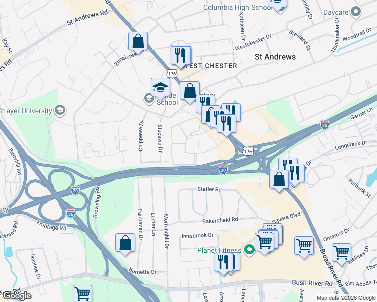 map of restaurants, bars, coffee shops, grocery stores, and more near 320 Menlo Drive in Columbia