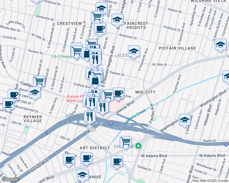 map of restaurants, bars, coffee shops, grocery stores, and more near 2007 South Point View Street in Los Angeles