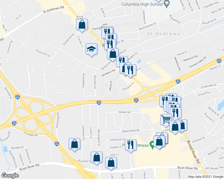 map of restaurants, bars, coffee shops, grocery stores, and more near 317 Menlo Drive in Columbia