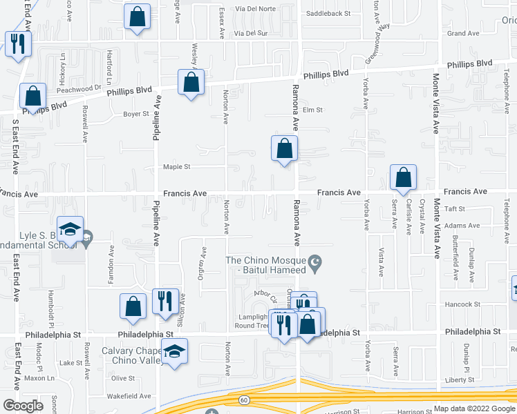map of restaurants, bars, coffee shops, grocery stores, and more near 11749 Concord Court in Chino