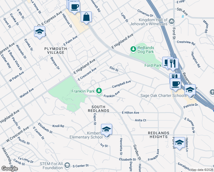 map of restaurants, bars, coffee shops, grocery stores, and more near 142 Campbell Avenue in Redlands
