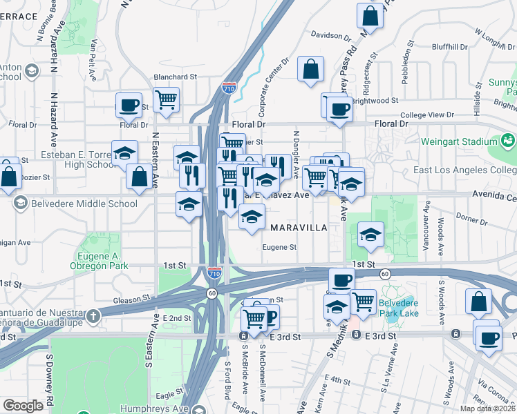 map of restaurants, bars, coffee shops, grocery stores, and more near 324 North McDonnell Avenue in East Los Angeles