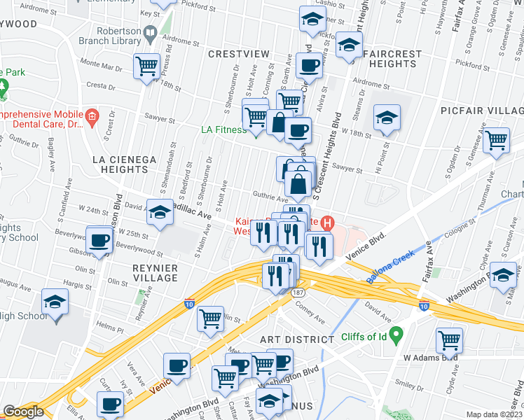 map of restaurants, bars, coffee shops, grocery stores, and more near 2024 South Garth Avenue in Los Angeles
