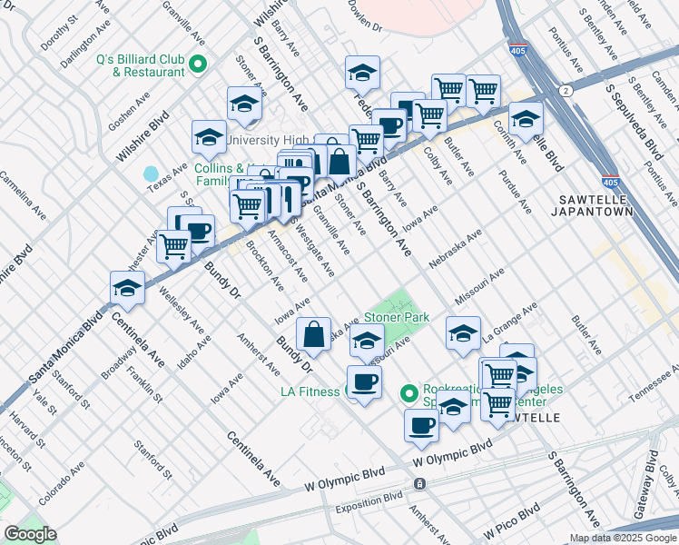 map of restaurants, bars, coffee shops, grocery stores, and more near 11825 Iowa Avenue in Los Angeles