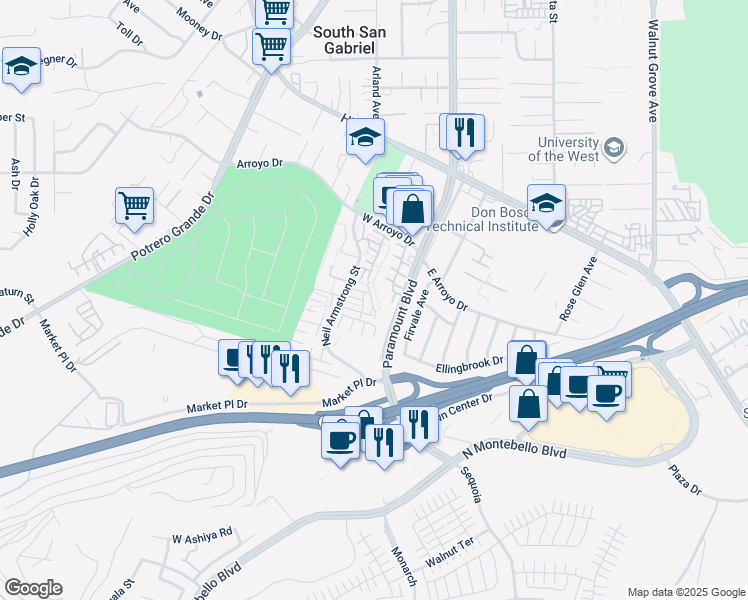 map of restaurants, bars, coffee shops, grocery stores, and more near 1718 Mountain Terrace Lane in Montebello