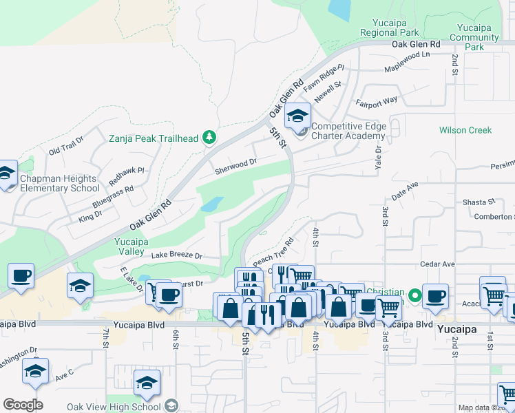 map of restaurants, bars, coffee shops, grocery stores, and more near 34333 Forest Oaks Drive in Yucaipa