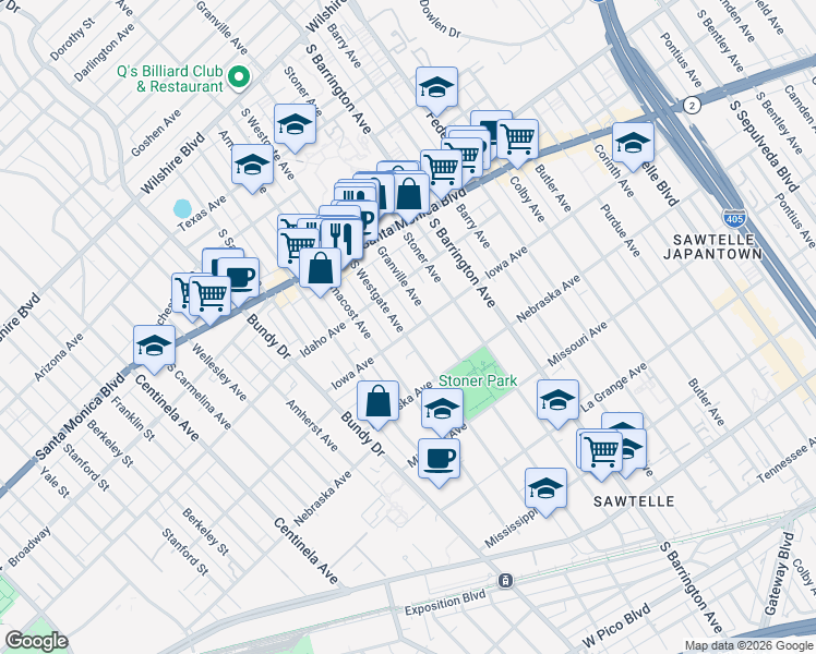 map of restaurants, bars, coffee shops, grocery stores, and more near 11825 Iowa Avenue in Los Angeles