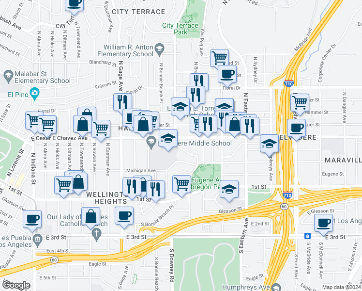 map of restaurants, bars, coffee shops, grocery stores, and more near 4041 San Carlos Street in Los Angeles