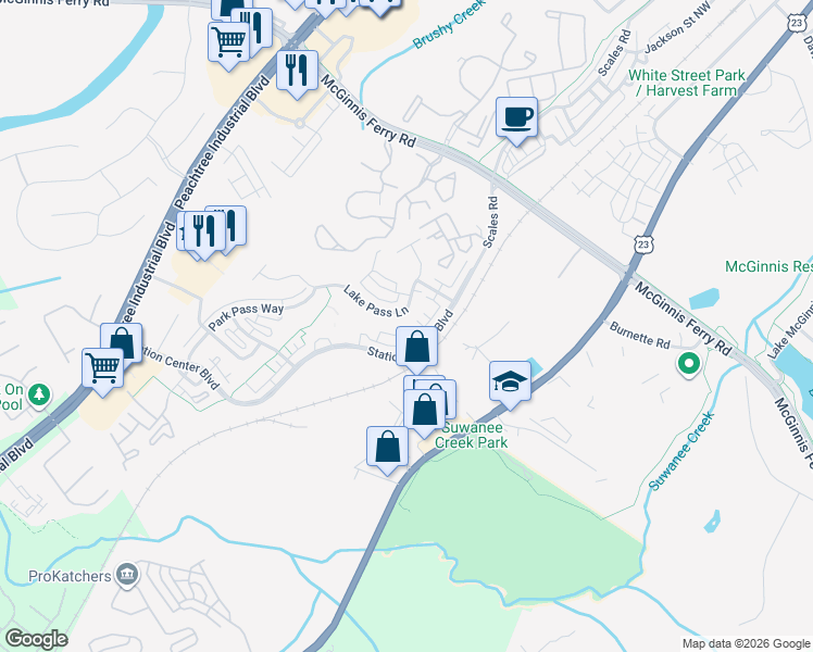 map of restaurants, bars, coffee shops, grocery stores, and more near Lake Point Way in Suwanee