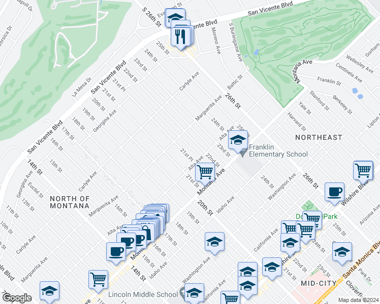 map of restaurants, bars, coffee shops, grocery stores, and more near 609 21st Place in Santa Monica