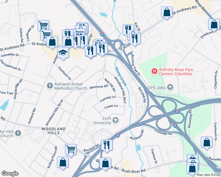 map of restaurants, bars, coffee shops, grocery stores, and more near 9 Nob Hill Road in Columbia